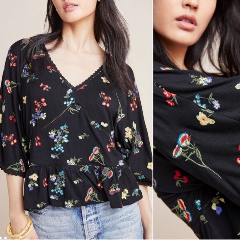 Black Floral Embroidered Half Sleeve Top
